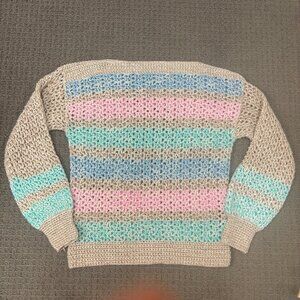 VTG Handmade Crochet Sweater Medium Pastel Acrylic Boatneck Ballon Sleeve Jumper
